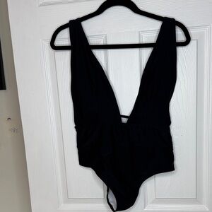 SHEIN Black Plunge One-Piece Swimsuit. Sz L Never worn.